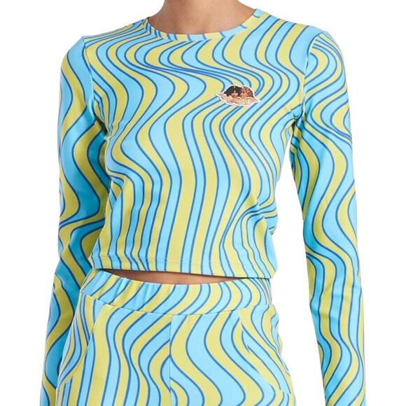 Fiorucci Green Blue Groovy Swirl Wave Long Sleeve Angel Patch Crop Top size M - Picture 1 of 11